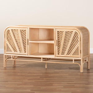 Baxton Studio bali Carabella Bohemian Rattan Storage Cabinet - Handcrafted 2-Door Organizer with Open Shelves WS082-Natural Rattan-Cabinet