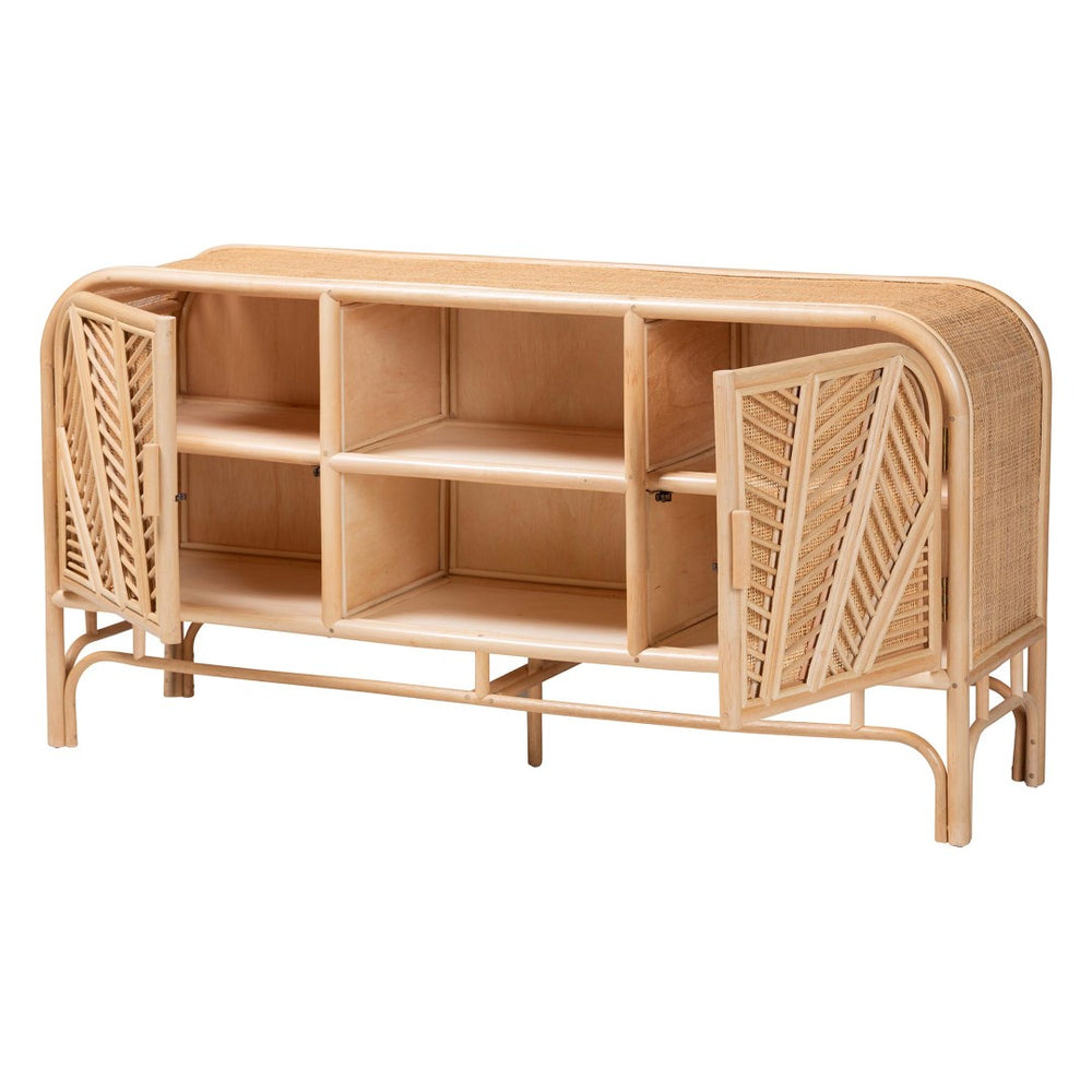 Baxton Studio bali Carabella Bohemian Rattan Storage Cabinet - Handcrafted 2-Door Organizer with Open Shelves WS082-Natural Rattan-Cabinet