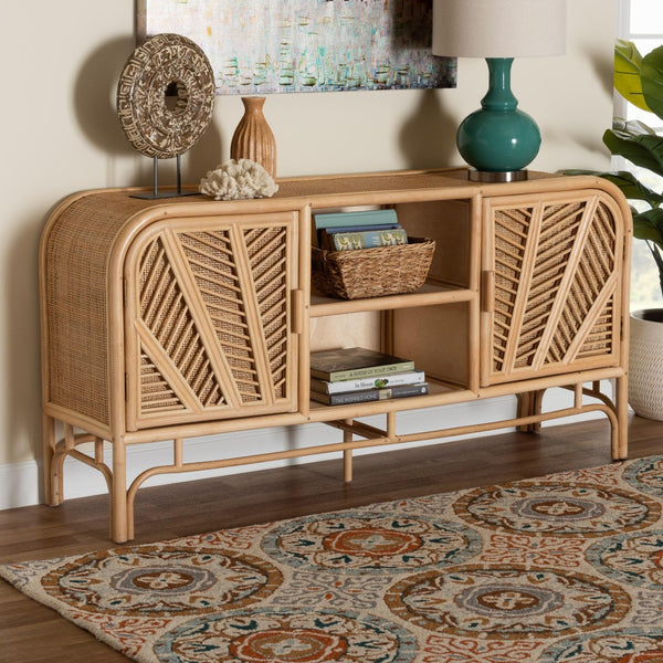 Baxton Studio bali Carabella Bohemian Rattan Storage Cabinet - Handcrafted 2-Door Organizer with Open Shelves WS082-Natural Rattan-Cabinet