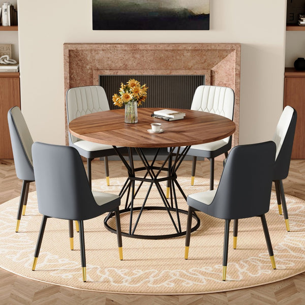 English Elm Table and Chair Set Round Walnut Mdf Dining with Six Two-tone Pu Seats Gold Legs W1151S04844