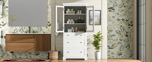 English Elm 70.1" Modern Tall Storage Cabinet with 3 Drawers, 2 Adjustable Shelves, Soft-Close Glass Doors, Gold Handles White N729P271979K