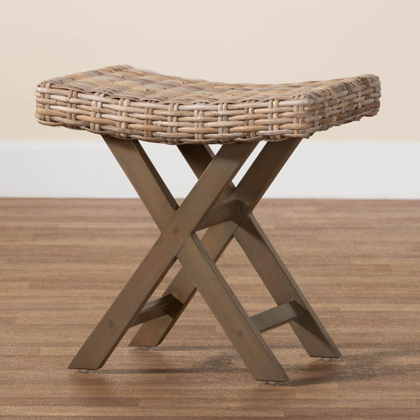 Baxton Studio bali Hayate Bohemian Grey Kubu Rattan Ottoman Footstool - Handcrafted Mahogany Accent Piece for Any Space MD-36092/Bunnik-Grey Natural-Stool