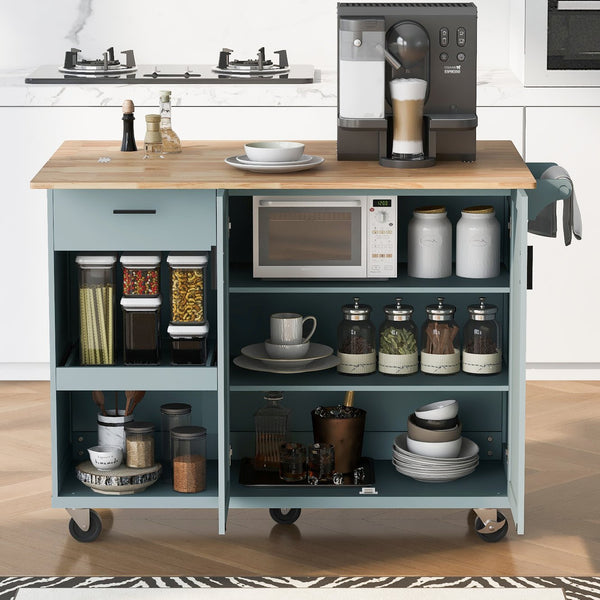 English Elm K&K Kitchen Island with Foldable Countertop, Spacious Mobile Storage Cart, Soft-Close Doors, Durable Rubberwood Top and Locking Wheels Grey-Blue N707P173036G