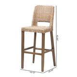 bali & pari Magy Modern Bohemian Grey Kubu Rattan and Mahogany Wood Bar Stool