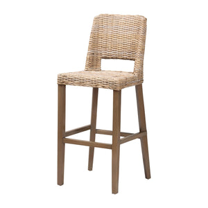 bali & pari Magy Modern Bohemian Grey Kubu Rattan and Mahogany Wood Bar Stool