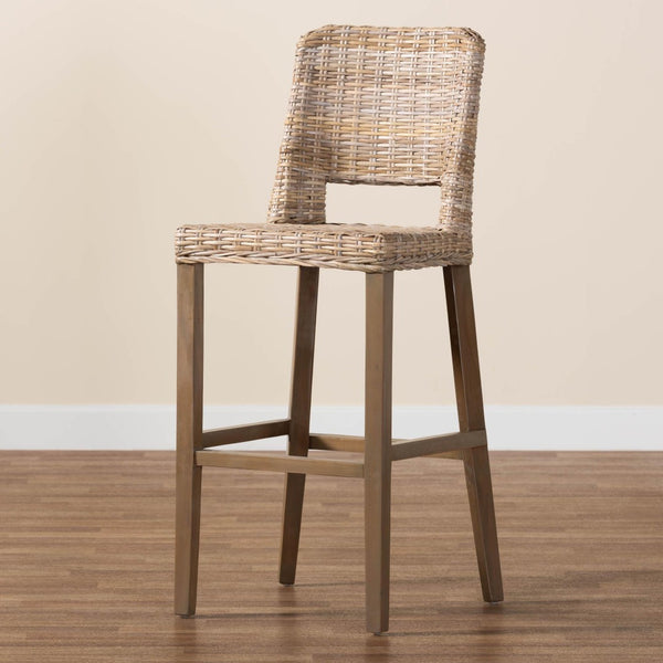 Baxton Studio bali Magy Modern Bohemian Bar Stool in Grey Kubu Rattan & Mahogany Wood - Ergonomic & Stylish Magy-Grey Natural-BS
