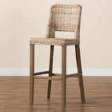 bali & pari Magy Modern Bohemian Grey Kubu Rattan and Mahogany Wood Bar Stool