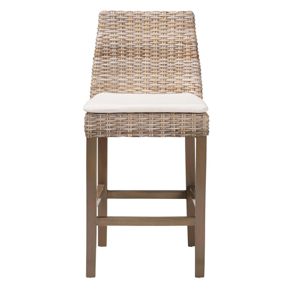 bali & pari Toby Modern Bohemian Grey Kubu Rattan and Rustic Taupe Finished Mahogany Wood Counter Stool