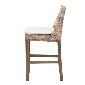 bali & pari Toby Modern Bohemian Grey Kubu Rattan and Rustic Taupe Finished Mahogany Wood Counter Stool