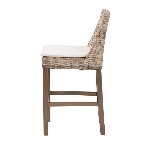 bali & pari Toby Modern Bohemian Grey Kubu Rattan and Rustic Taupe Finished Mahogany Wood Counter Stool