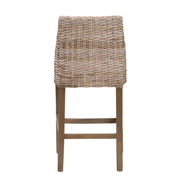 bali & pari Toby Modern Bohemian Grey Kubu Rattan and Rustic Taupe Finished Mahogany Wood Counter Stool