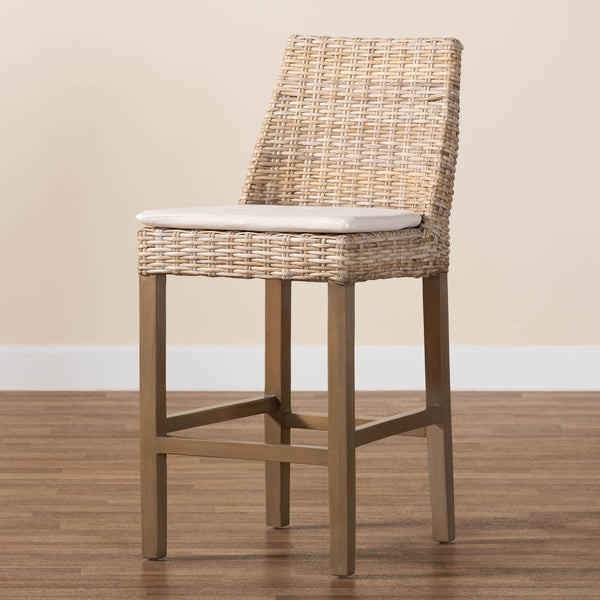 bali & pari Toby Modern Bohemian Grey Kubu Rattan and Rustic Taupe Finished Mahogany Wood Counter Stool