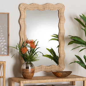 Baxton Studio bali Hasana Bohemian Scallop Rattan Wall Mirror - Handcrafted Artistry for Modern Coastal Decor WS089-Natural Rattan Frame-Mirror