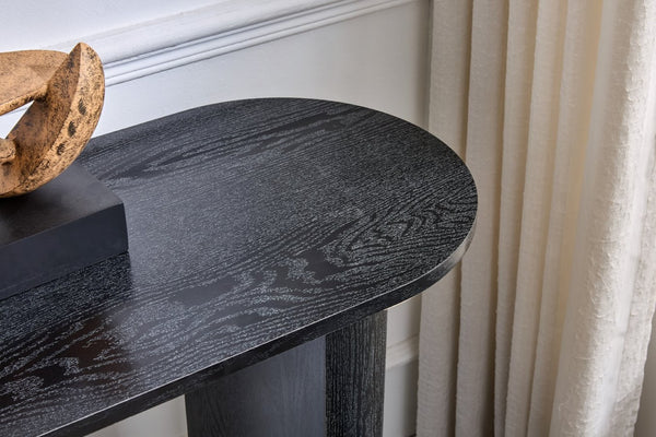 English Elm Black Matte Wood Grain Slim Console Table for Entryway or Sofa Side Use W3875P387480