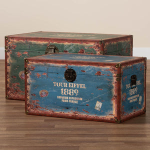 Baxton Studio Baxton Studio Sabeen Vintage Parisian Trunk Set - Stylish Faux Leather Storage with Metal Accents SJ14306R-Wooden-Ottoman