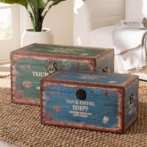 Baxton Studio Baxton Studio Sabeen Vintage Parisian Trunk Set - Stylish Faux Leather Storage with Metal Accents SJ14306R-Wooden-Ottoman