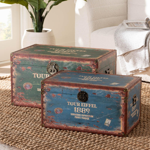 Baxton Studio Baxton Studio Sabeen Vintage Parisian Trunk Set - Stylish Faux Leather Storage with Metal Accents SJ14306R-Wooden-Ottoman