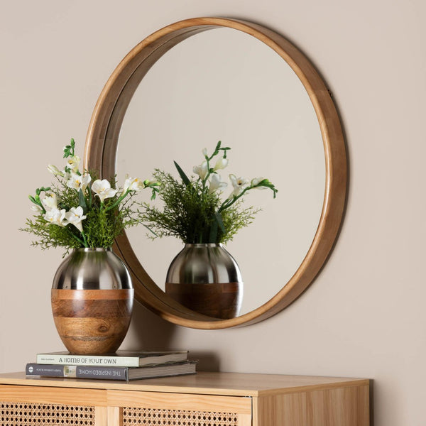Baxton Studio Baxton Studio Tazara Japandi Round Accent Mirror - Minimalist Wood Frame for Tranquil Spaces PF2-Wooden-Mirror