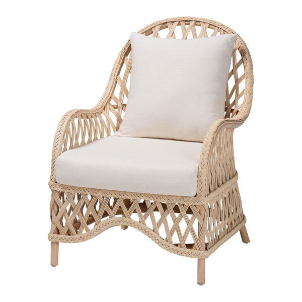 Baxton Studio bali Florence Bohemian Ivory Rattan Arm Chair - Handcrafted Comfort with Removable Cushion & Pillow Regal 1-Ivory Rattan-CC