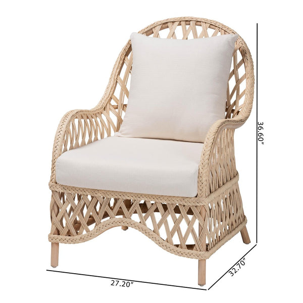 Baxton Studio bali Florence Bohemian Ivory Rattan Arm Chair - Handcrafted Comfort with Removable Cushion & Pillow Regal 1-Ivory Rattan-CC
