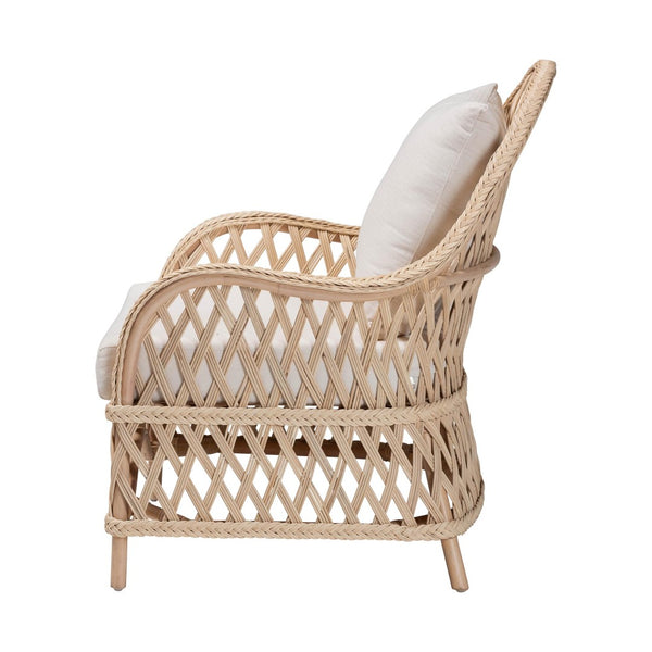 Baxton Studio bali Florence Bohemian Ivory Rattan Arm Chair - Handcrafted Comfort with Removable Cushion & Pillow Regal 1-Ivory Rattan-CC