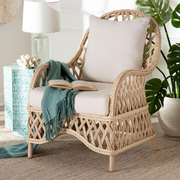 Baxton Studio bali Florence Bohemian Ivory Rattan Arm Chair - Handcrafted Comfort with Removable Cushion & Pillow Regal 1-Ivory Rattan-CC