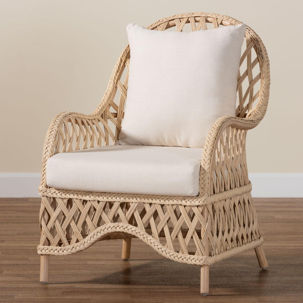 Baxton Studio bali Florence Bohemian Ivory Rattan Arm Chair - Handcrafted Comfort with Removable Cushion & Pillow Regal 1-Ivory Rattan-CC