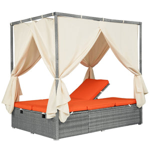 English Elm U_style Outdoor Rattan Steel Chaise Lounge with Shade Canopy and Reclining Cushioned Sunbed Orange WY000471AAO