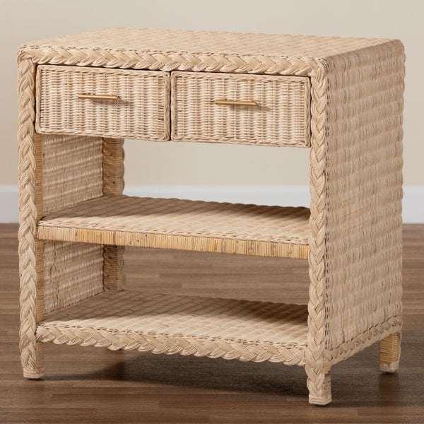 Baxton Studio bali Lanica Japandi Console Table - Sun-Bleached Rattan with 2 Drawers & Open Shelves for Storage Braided Sun Bleached Ivory Rattan-Console Table
