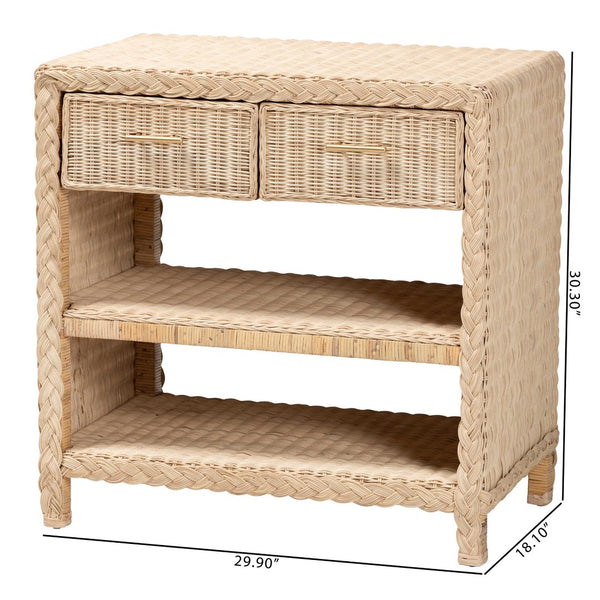 Baxton Studio bali Lanica Japandi Console Table - Sun-Bleached Rattan with 2 Drawers & Open Shelves for Storage Braided Sun Bleached Ivory Rattan-Console Table