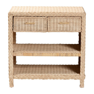 Baxton Studio bali Lanica Japandi Console Table - Sun-Bleached Rattan with 2 Drawers & Open Shelves for Storage Braided Sun Bleached Ivory Rattan-Console Table