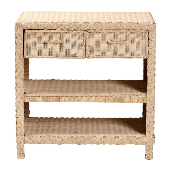 Baxton Studio bali Lanica Japandi Console Table - Sun-Bleached Rattan with 2 Drawers & Open Shelves for Storage Braided Sun Bleached Ivory Rattan-Console Table