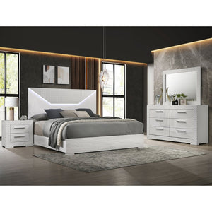 English Elm Pierce Queen Bedroom Set with Led Headboard Diamond Embossed High Gloss Finish Gloss White B062S01733