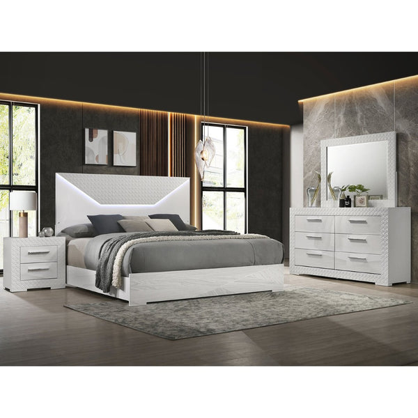 English Elm Pierce Queen Bedroom Set with Led Headboard Diamond Embossed High Gloss Finish Gloss White B062S01733