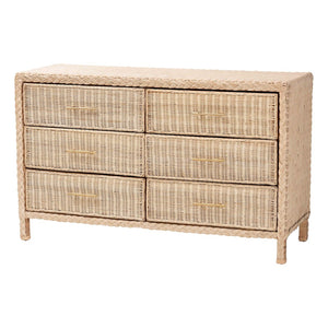Baxton Studio bali Lanica Japandi 6-Drawer Dresser - Sun-Bleached Rattan & Solid Wood for Organic Bedroom Style Braided Sun Bleached Ivory-Wood/Rattan-6DW-Dresser