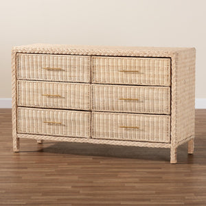 Baxton Studio bali Lanica Japandi 6-Drawer Dresser - Sun-Bleached Rattan & Solid Wood for Organic Bedroom Style Braided Sun Bleached Ivory-Wood/Rattan-6DW-Dresser