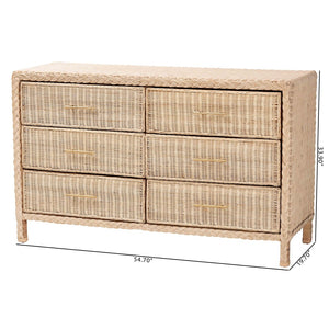 Baxton Studio bali Lanica Japandi 6-Drawer Dresser - Sun-Bleached Rattan & Solid Wood for Organic Bedroom Style Braided Sun Bleached Ivory-Wood/Rattan-6DW-Dresser