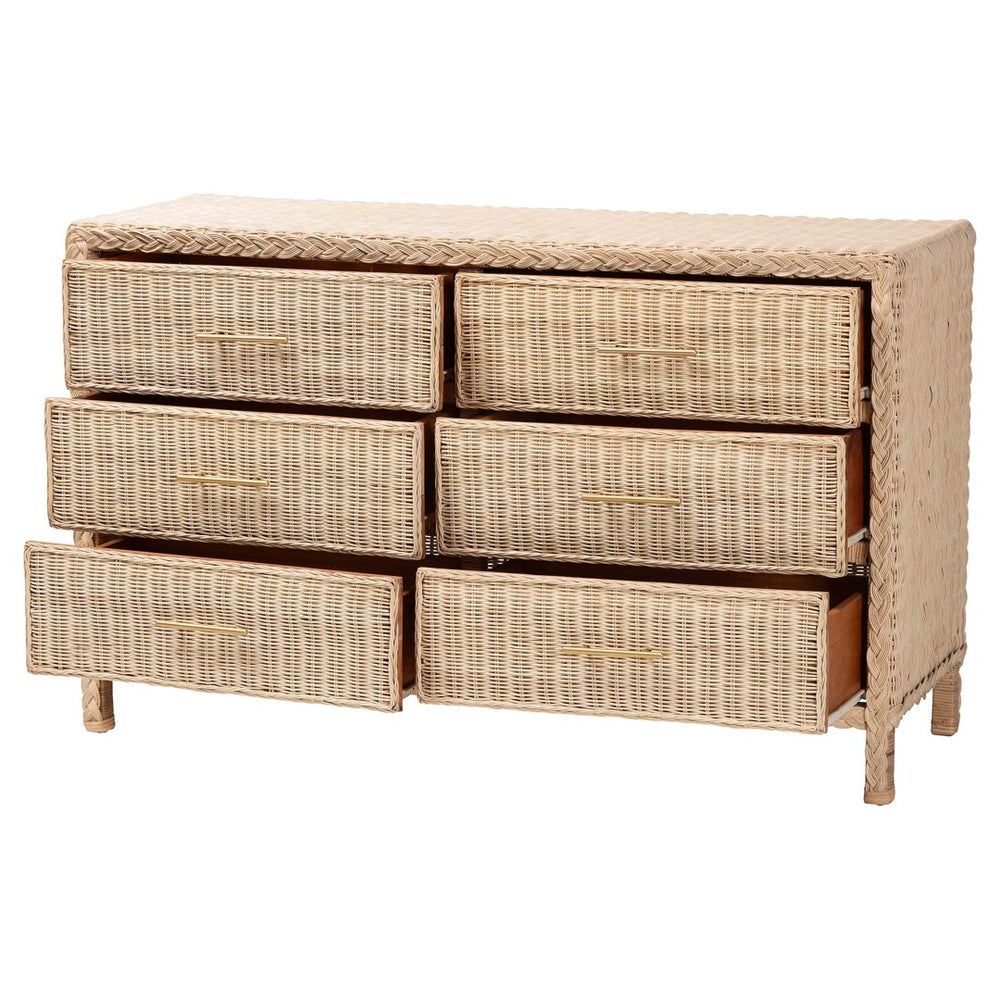 Baxton Studio bali Lanica Japandi 6-Drawer Dresser - Sun-Bleached Rattan & Solid Wood for Organic Bedroom Style Braided Sun Bleached Ivory-Wood/Rattan-6DW-Dresser