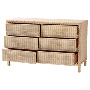 Baxton Studio bali Lanica Japandi 6-Drawer Dresser - Sun-Bleached Rattan & Solid Wood for Organic Bedroom Style Braided Sun Bleached Ivory-Wood/Rattan-6DW-Dresser