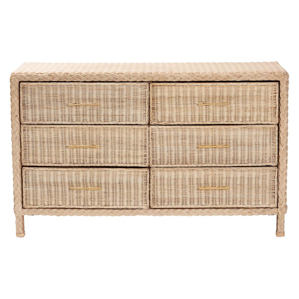 Baxton Studio bali Lanica Japandi 6-Drawer Dresser - Sun-Bleached Rattan & Solid Wood for Organic Bedroom Style Braided Sun Bleached Ivory-Wood/Rattan-6DW-Dresser
