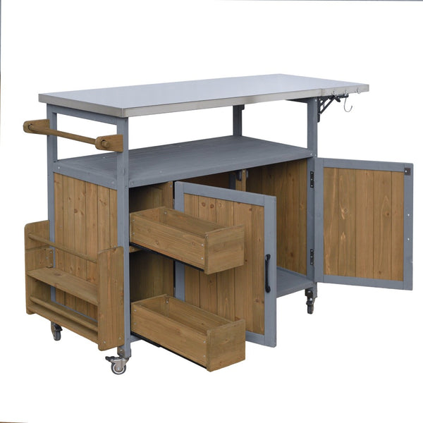 English Elm 54.33" Farmhouse Outdoor Kitchen Cart Solid Fir Frame Steel Top Storage Bbq Prep Blue Gray,Walnut Brown N767P379702B