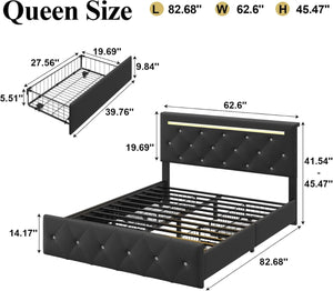 English Elm Queen Storage Bed with Led Lighting Crystal Tufted Pu Leather Headboard Charging Ports Black W5722P462463