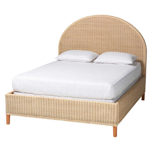 Baxton Studio bali Bali Lanica Japandi Queen Bed - Handcrafted Rattan Elegance with Half-Moon Headboard Design Braided Sun Bleached Ivory-Wood/Rattan-Queen-New