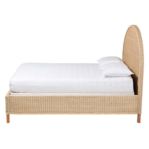 Baxton Studio bali Bali Lanica Japandi Queen Bed - Handcrafted Rattan Elegance with Half-Moon Headboard Design Braided Sun Bleached Ivory-Wood/Rattan-Queen-New