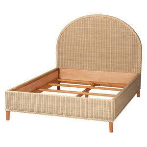 Baxton Studio bali Bali Lanica Japandi Queen Bed - Handcrafted Rattan Elegance with Half-Moon Headboard Design Braided Sun Bleached Ivory-Wood/Rattan-Queen-New