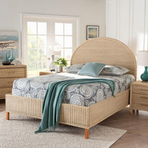 Baxton Studio bali Bali Lanica Japandi Queen Bed - Handcrafted Rattan Elegance with Half-Moon Headboard Design Braided Sun Bleached Ivory-Wood/Rattan-Queen-New