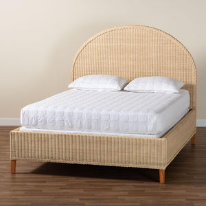 Baxton Studio bali Bali Lanica Japandi Queen Bed - Handcrafted Rattan Elegance with Half-Moon Headboard Design Braided Sun Bleached Ivory-Wood/Rattan-Queen-New