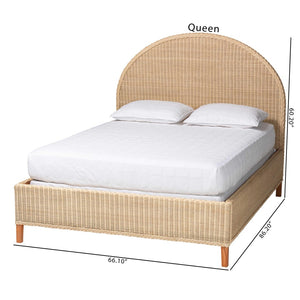 Baxton Studio bali Bali Lanica Japandi Queen Bed - Handcrafted Rattan Elegance with Half-Moon Headboard Design Braided Sun Bleached Ivory-Wood/Rattan-Queen-New