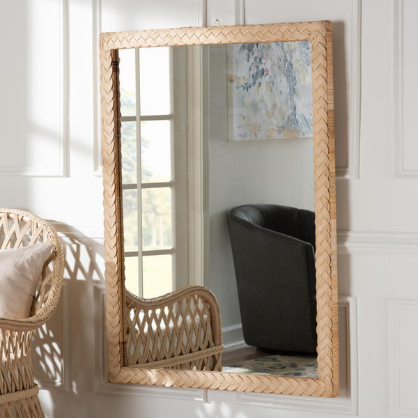 Baxton Studio bali Lanica Japandi Wall Mirror – Handcrafted Rattan Accent for Modern Interiors, Versatile & Elegant Braided Sun Bleached Ivory-Wood/Rattan-Mirror