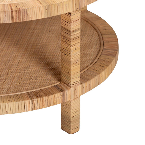 Baxton Studio bali Kalimantan Bohemian Coffee Table with Honey Rattan and Mahogany - Stylish, Handmade Elegance Round KALIMANTAN-Light Honey Round-Rattan-Coffee Table